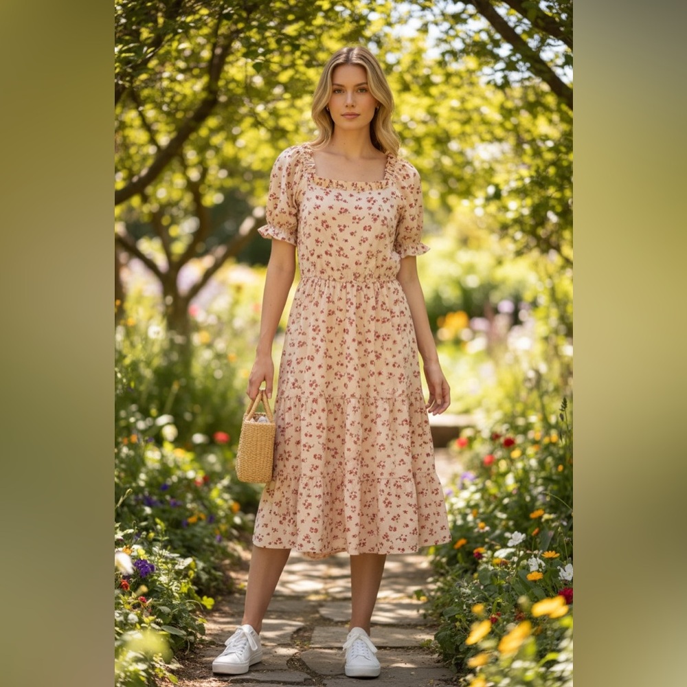 Cream Floral Puff Sleeve Midi Dress – Cottagecore Romantic size large